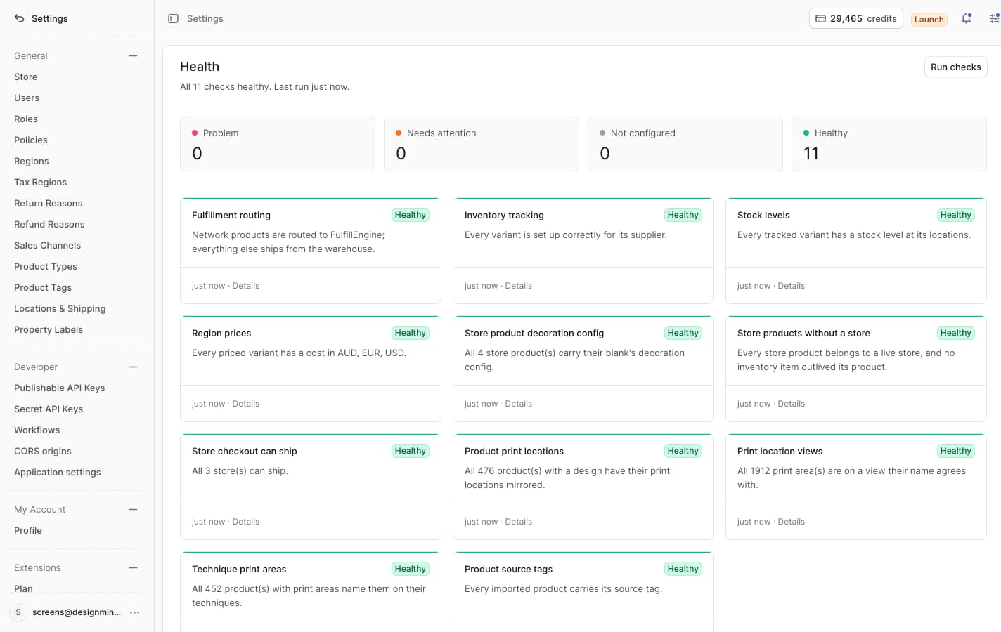 The Health settings page showing all 11 checks healthy, including fulfilment routing, region prices and store checkout can ship
