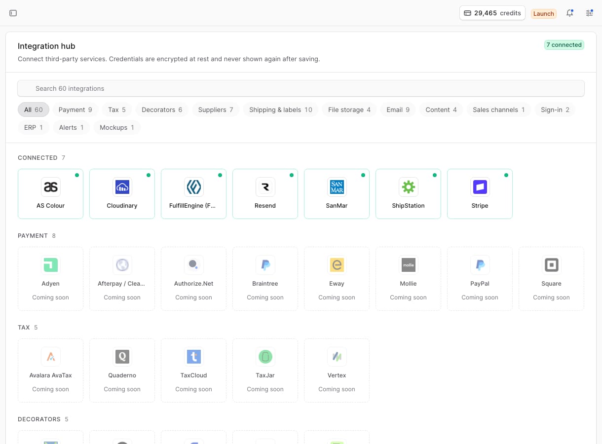 The integration hub with seven connected providers and categories of coming-soon integrations