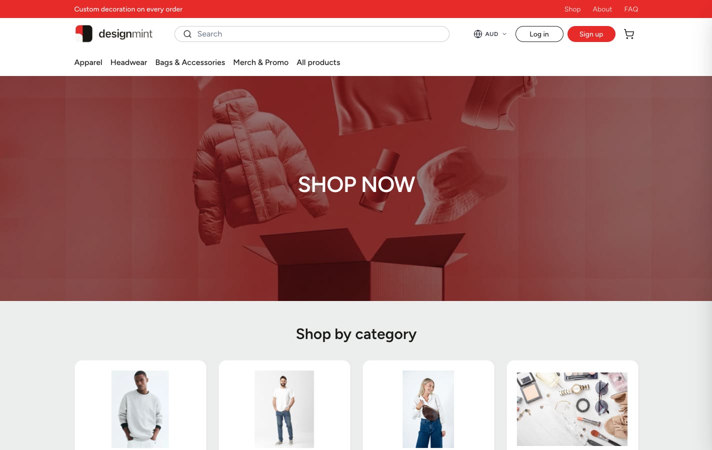 The DesignMint storefront home page with a Shop Now banner and a category grid