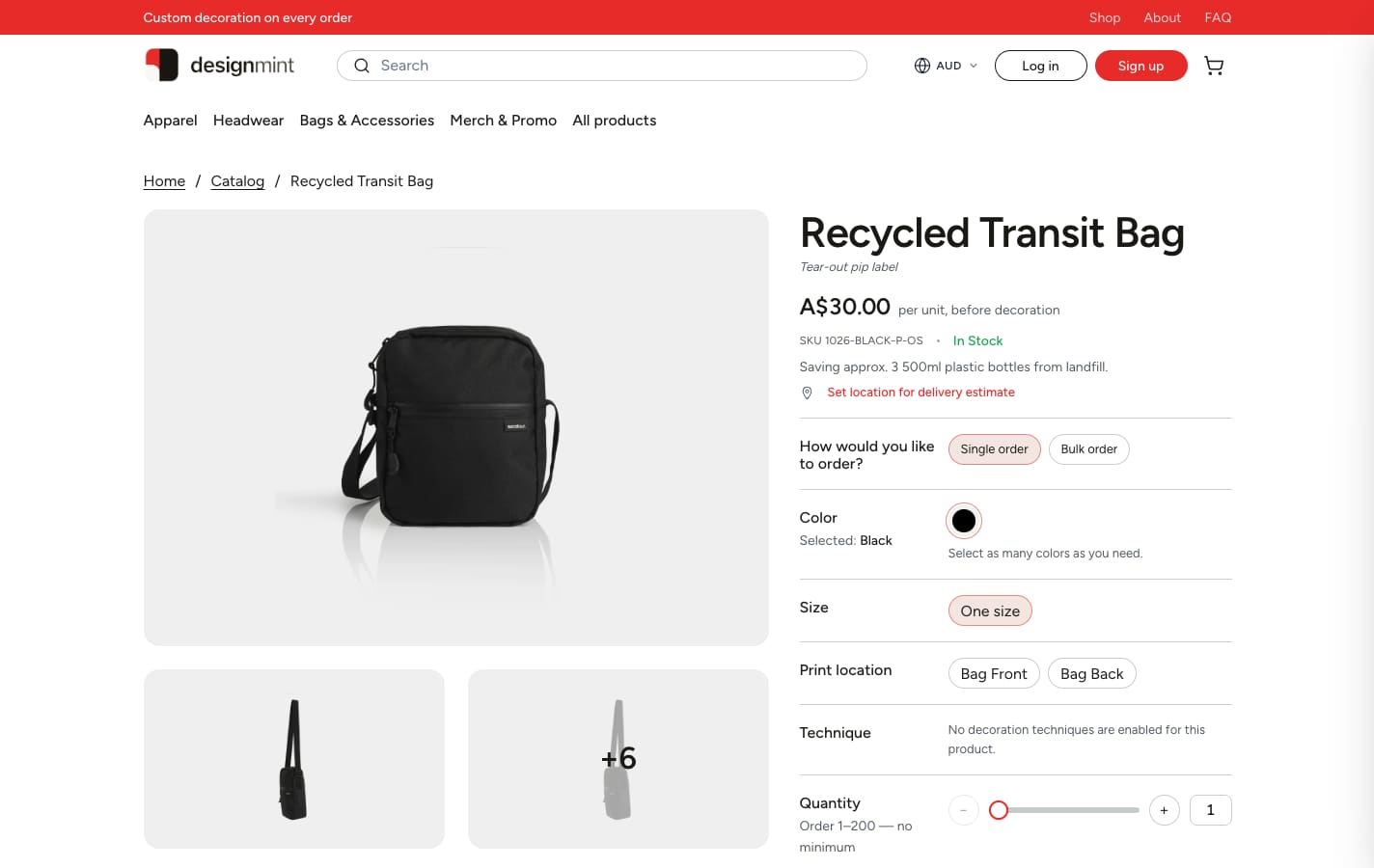 Product page for the Recycled Transit Bag with colour, size, print location and quantity options