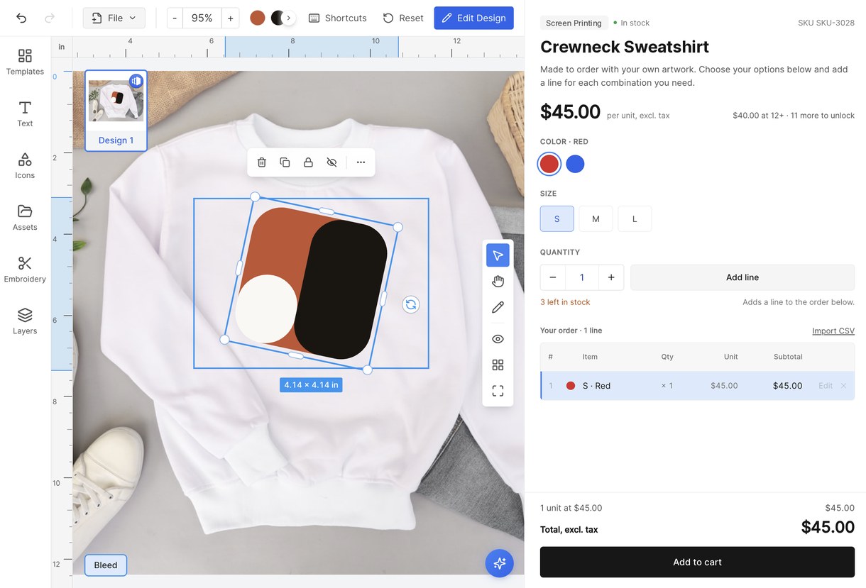 The product details mode with colours, sizes, quantity, an order table and the design beside it