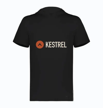 Black short-sleeve hoodie with the KESTREL logo across the front