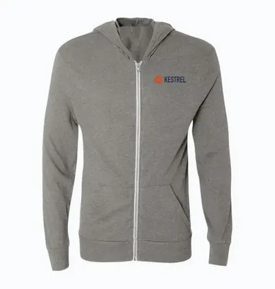 Grey zip hoodie with the KESTREL logo on the chest