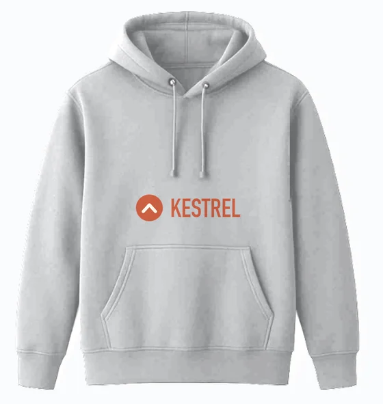 A light-grey hoodie with a KESTREL logo on the chest